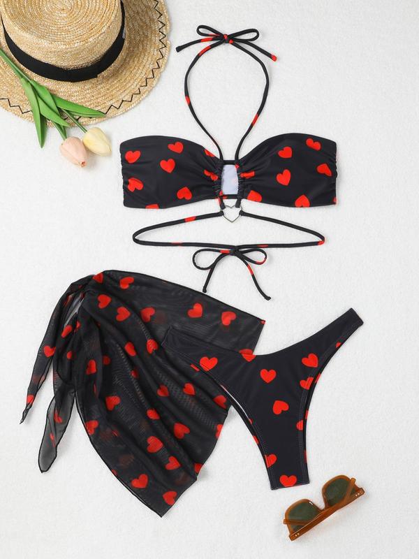 Women's Heart Print Ruched Bikini for Summer 2024 Set, 3 Counts Heart Ring Linked Halter Neck Swim Top & Swim Panty & Sheer Cover Up Skirt Summer Bathing Suit Set,  Swimsuit for Women, Ladies Summer Beach Holiday Swimwear