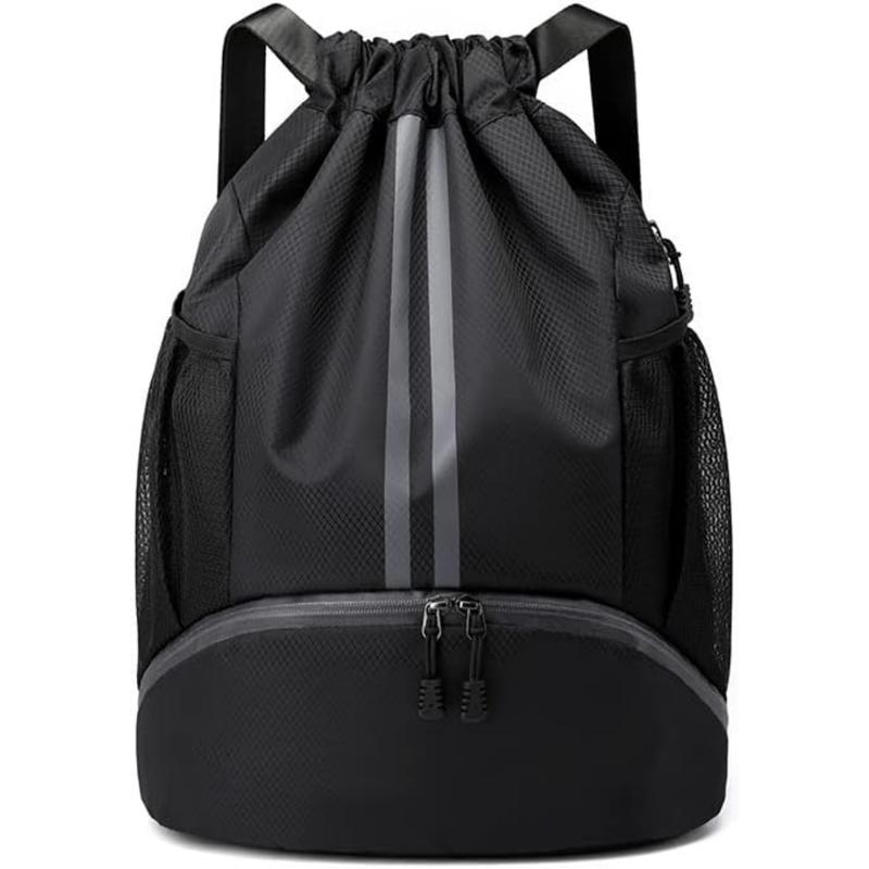 Black Drawstring Gym Bag for Men, Waterproof Drawstring Backpack for Women, Swim Bag with Shoes Compartment, Pull String Sport Bag for Soccer and Basketball.