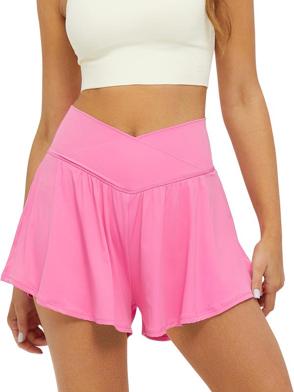 FireSwan Everyday Crossover Workout Shorts for Women Side Pocket 2-in-1 Tennis Skorts with Spandex Butterfly Flowy Running Shorts