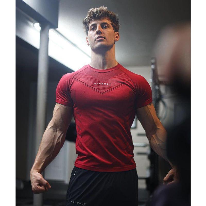 2023 Summer New Workout Clothes Sports Fitness T-shirt Tights Men's High Elastic Training Clothes Short-Sleeved Workout Clothes Men