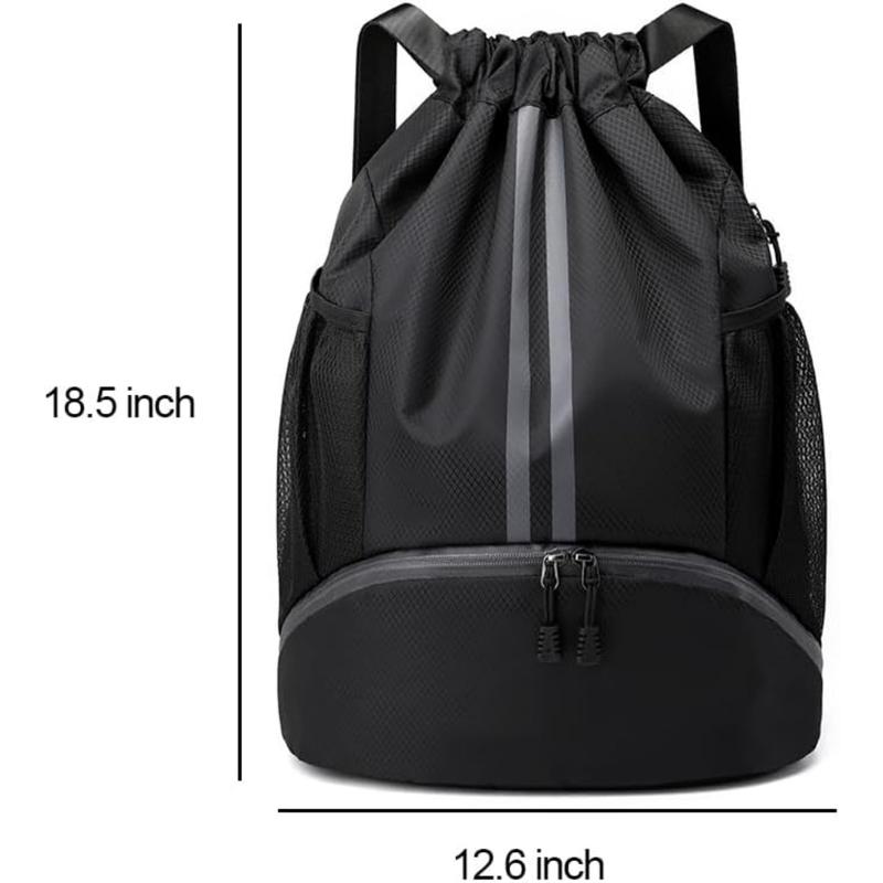 Black Drawstring Gym Bag for Men, Waterproof Drawstring Backpack for Women, Swim Bag with Shoes Compartment, Pull String Sport Bag for Soccer and Basketball.