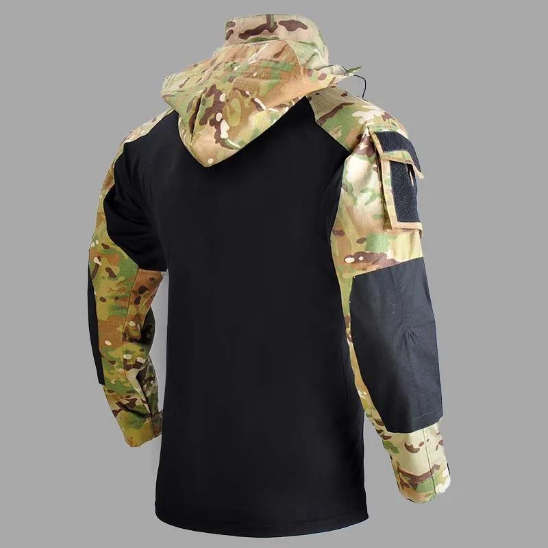 Outdoor Shirts Camo Combat T-Shirt Hooded Mens Working Tactical Shirt Airsoft Paintball Camping Hunting Clothing Wear-resisting