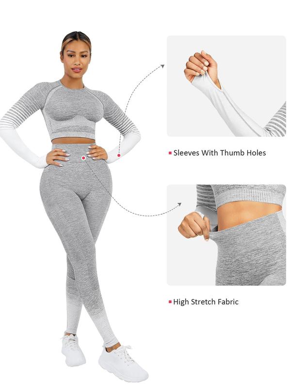 Two-piece Set Women's Striped Print Thumb Hole Shapewear Set, High Stretch Crop Top & High Waist Leggings, Tummy Control Shapewear Set for Women