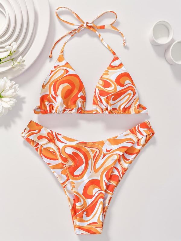 Two-Piece Set Women's All Over Print Tie Back Bikini Set, Swimsuit Sets Bathing Suits 2024 for Women Summer, Casual Halter Triangle Wireless Bra & High Cut Panty Swimsuit, Fashion Chic Ladies Swimwear for Summer Beach Holiday Vacation, Clothes Women