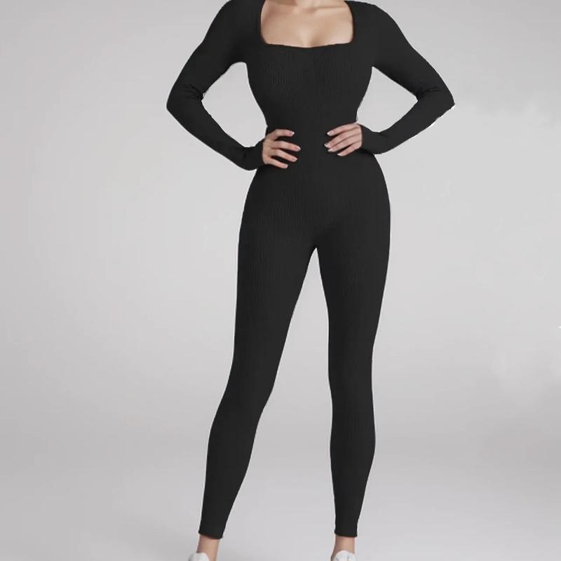 Women's Yoga Bodysuit Ribbed One-Piece Trousers Long Sleeve Sports Jumpsuit