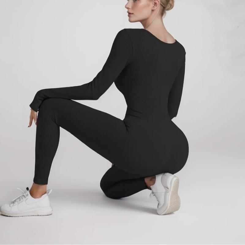 Women's Yoga Bodysuit Ribbed One-Piece Trousers Long Sleeve Sports Jumpsuit