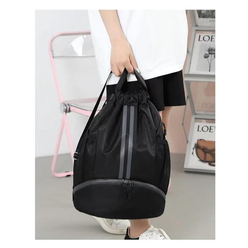 Black Drawstring Gym Bag for Men, Waterproof Drawstring Backpack for Women, Swim Bag with Shoes Compartment, Pull String Sport Bag for Soccer and Basketball.