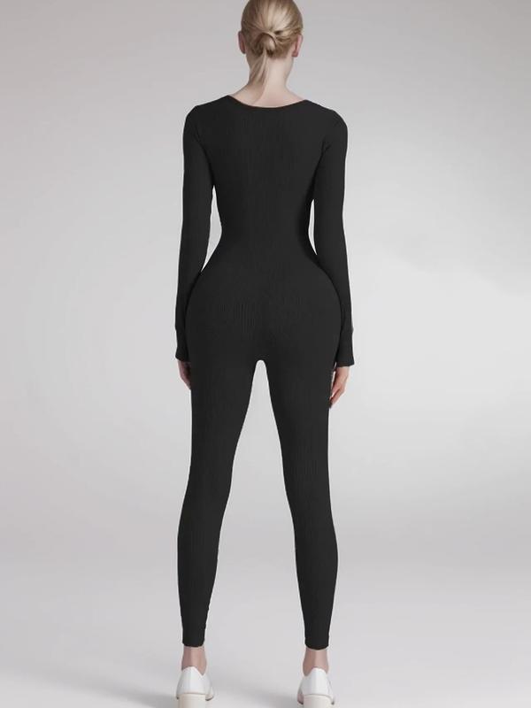 Women's Yoga Bodysuit Ribbed One-Piece Trousers Long Sleeve Sports Jumpsuit