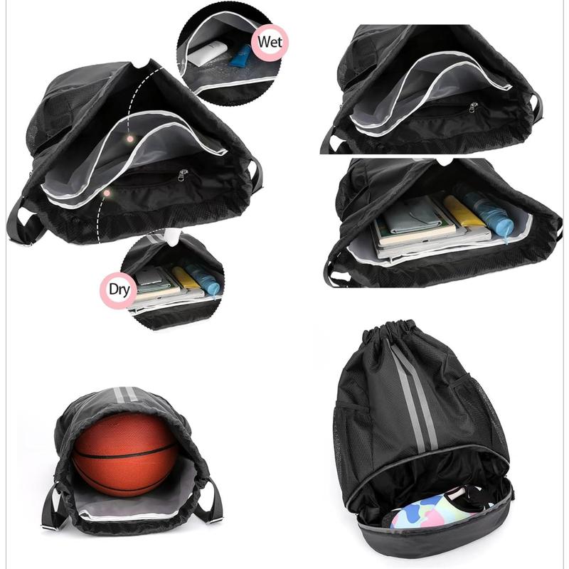 Black Drawstring Gym Bag for Men, Waterproof Drawstring Backpack for Women, Swim Bag with Shoes Compartment, Pull String Sport Bag for Soccer and Basketball.