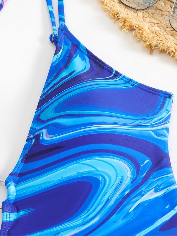 Women's Tie Dye Print Cut Out One-piece Swimwear, Casual Adjustable Strap Ring Linked Swimwear for Beach Holiday Vacation, Ladies Swimsuit for All Seasons