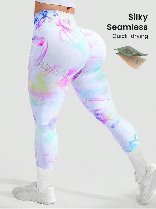 Plus Size Solid Color & Tie Dye Print Sports Leggings, Comfy Breathable High Stretch Yoga Leggings,  Yoga Pants, Ladies Sportswear for Indoor Outdoor Wear, Tummy Control