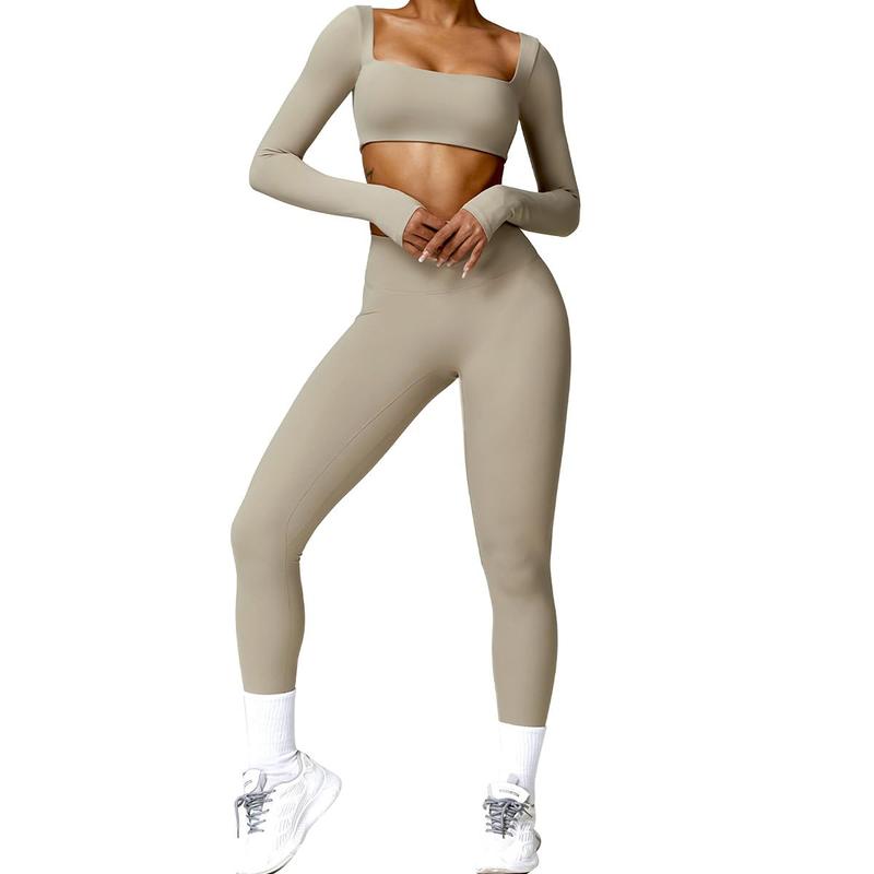 Women's 2 Piece Workout Set - Twist Front Long Sleeve Crop Top and High Waist Flared Leggings