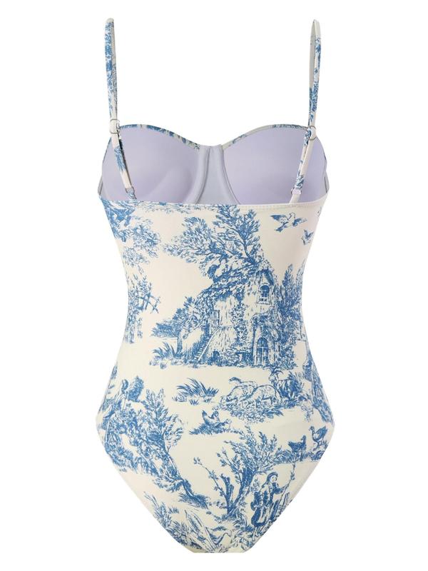 Two-piece Set Women's Landscape Print Swimsuit Set, Corset One-piece Swimsuit & Tie Side Wrap Cover Up Skirt Set, Chic Swimwear Set for Beach Holiday Vacation