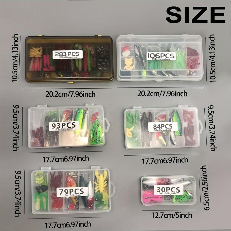 30 79 84 93 106 283pcs Fishing Lures For Topwater, Fishing Hooks Tackle Kit For Bass Trout Salmon, Fishing Accessories Lure Kit Box, Including Minnow Popper Spoon Lures Soft Plastic Worms Bait Rigs Jigs Head