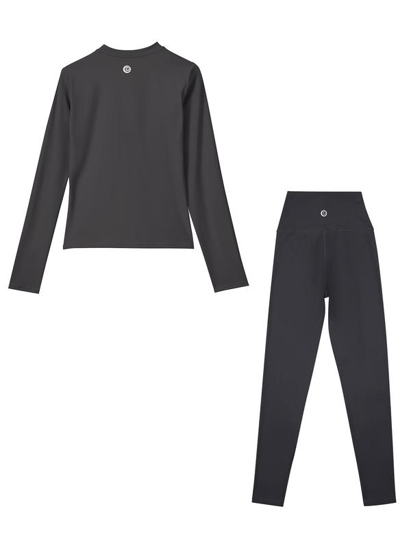 Women's Solid Long Sleeve Tee & Leggings Tracksuit Set, Sporty Comfy Breathable Two-piece Outfits for Gym Workout Running, Ladies Sportswear for All Seasons