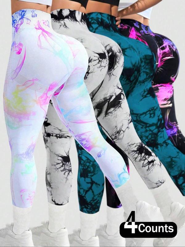 Plus Size Solid Color & Tie Dye Print Sports Leggings, Comfy Breathable High Stretch Yoga Leggings,  Yoga Pants, Ladies Sportswear for Indoor Outdoor Wear, Tummy Control