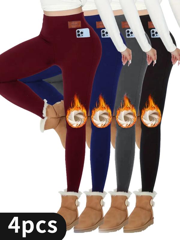 4PCS Super Soft Plush Lined Solid Color Leggings For Women, Workout Yoga Running Thermal Warm Pants For Fall And Winter