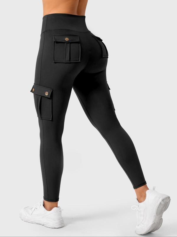 Women's Solid High Waist Pocket Sports Leggings, Casual Comfy Breathable Skinny Pants for Yoga Gym Workout, Ladies Sportswear for All Seasons