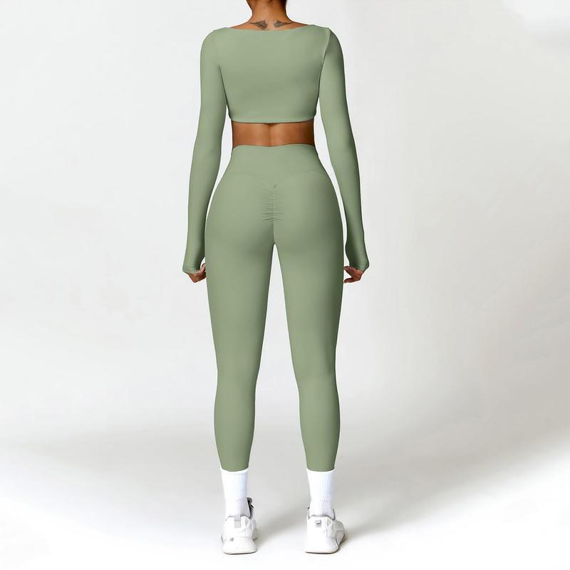 Workout Sets for Women 2 Piece Twist Front Long Sleeve Crop Tops High Waist Flared Leggings Gym Sets