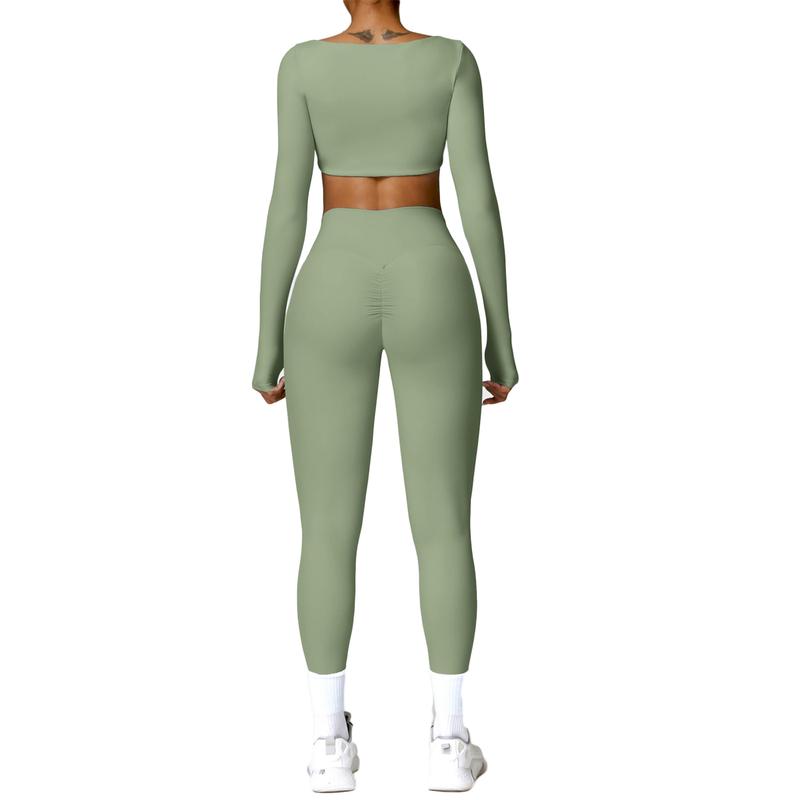 Women's 2 Piece Workout Set - Twist Front Long Sleeve Crop Top and High Waist Flared Leggings