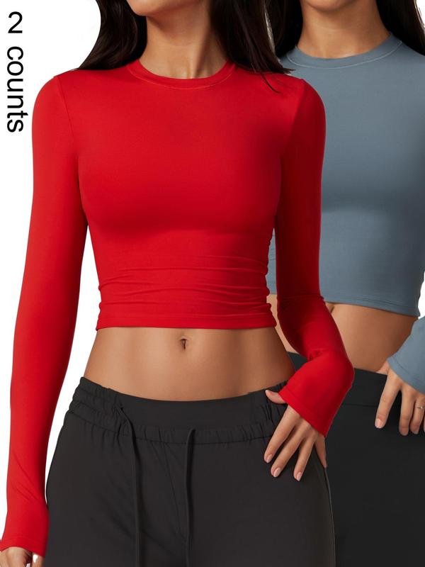 Women's Solid Long Sleeve Crop Tee, Cute Tops Gym, Basic High Stretch Round Neck T-shirt, Compression T-shirt, Casual Sportswear Top for Yoga Gym Workout Running, Compression Shirt Women