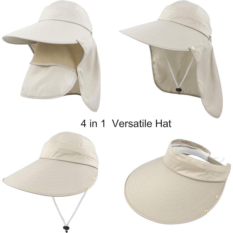 Sun Protection Wide Brim Hat for Women - Foldable Ponytail Summer Hat with Detachable Flap - UV Protection Fishing Hat for Outdoor Activities