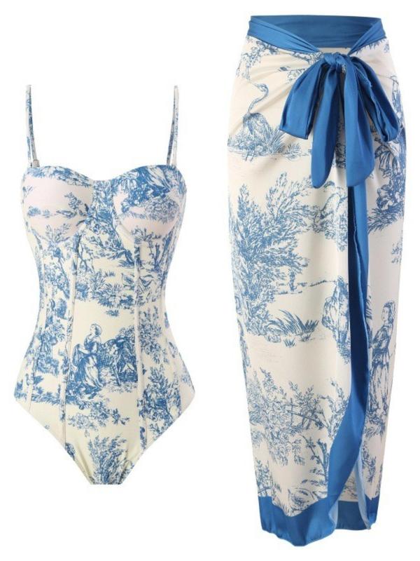 Two-piece Set Women's Landscape Print Swimsuit Set, Corset One-piece Swimsuit & Tie Side Wrap Cover Up Skirt Set, Chic Swimwear Set for Beach Holiday Vacation