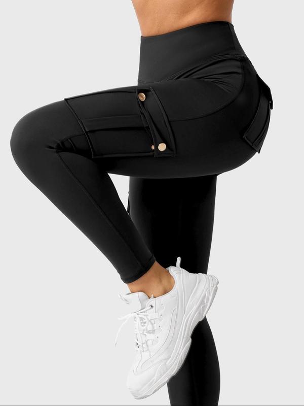 Women's Solid High Waist Pocket Sports Leggings, Casual Comfy Breathable Skinny Pants for Yoga Gym Workout, Ladies Sportswear for All Seasons