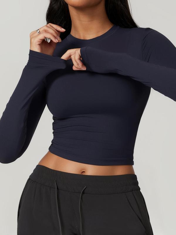 Women's Solid Long Sleeve Crop Tee, Cute Tops Gym, Basic High Stretch Round Neck T-shirt, Compression T-shirt, Casual Sportswear Top for Yoga Gym Workout Running, Compression Shirt Women