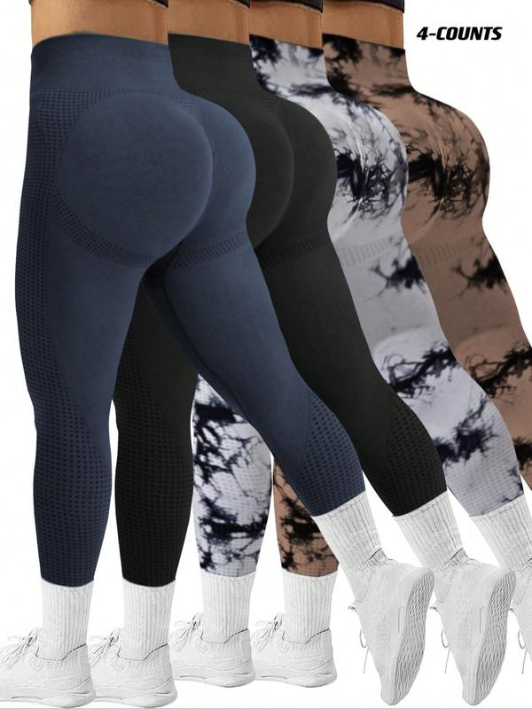 Plus Size Solid Color & Tie Dye Print Sports Leggings, Comfy Breathable High Stretch Yoga Leggings,  Yoga Pants, Ladies Sportswear for Indoor Outdoor Wear, Tummy Control