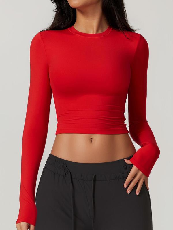 Women's Solid Long Sleeve Crop Tee, Cute Tops Gym, Basic High Stretch Round Neck T-shirt, Compression T-shirt, Casual Sportswear Top for Yoga Gym Workout Running, Compression Shirt Women