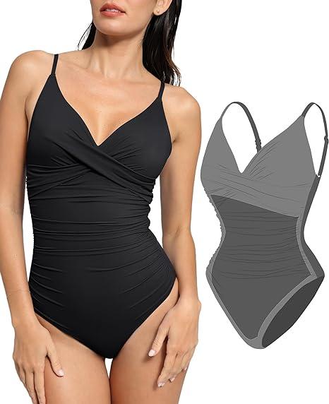 Popilush Shapewear Ruched Cross-Front One-Piece Swimsuit