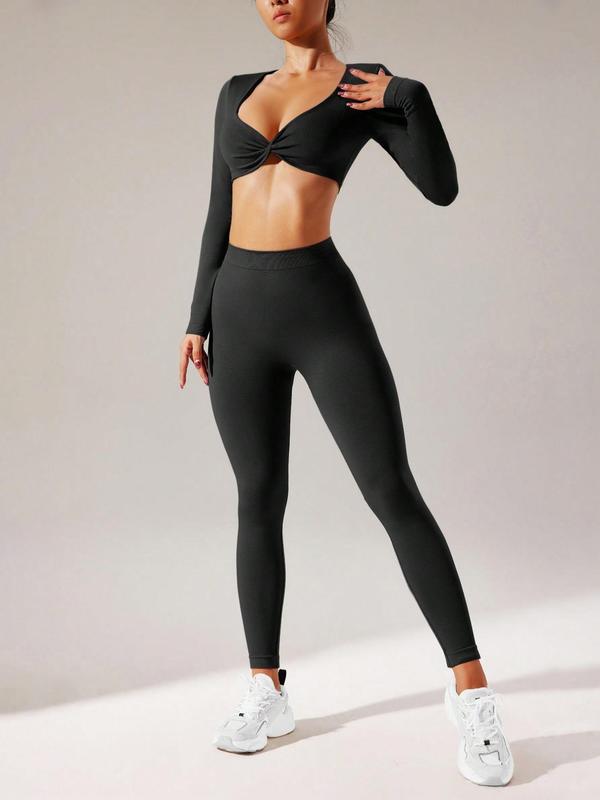 Women's Plain Seamless Tracksuit Set, Twist Sweetheart Neck Crop Top & High Waist Ruched Leggings, Ladies Yoga Gym Workout Clothes Set