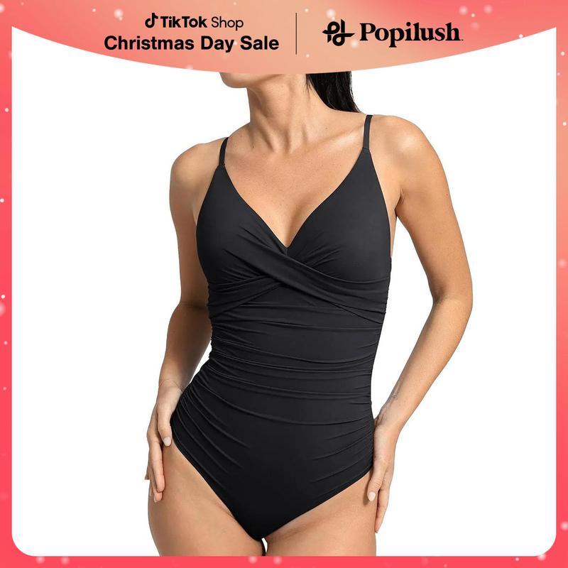 Popilush Shapewear Ruched Cross-Front One-Piece Swimsuit