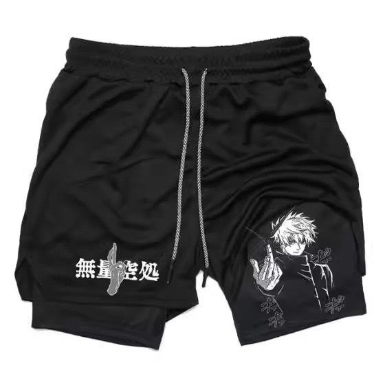 Mesh Print Men's Fitness Workout Shorts Anime 2 in 1 compression shorts Double Layer Shorts with Pockets Quick Drying Running Fitness basketball shorts M-3XL