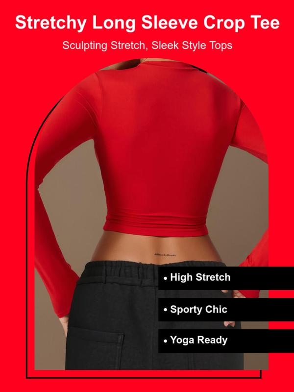 Women's Solid Long Sleeve Crop Tee, Cute Tops Gym, Basic High Stretch Round Neck T-shirt, Compression T-shirt, Casual Sportswear Top for Yoga Gym Workout Running, Compression Shirt Women