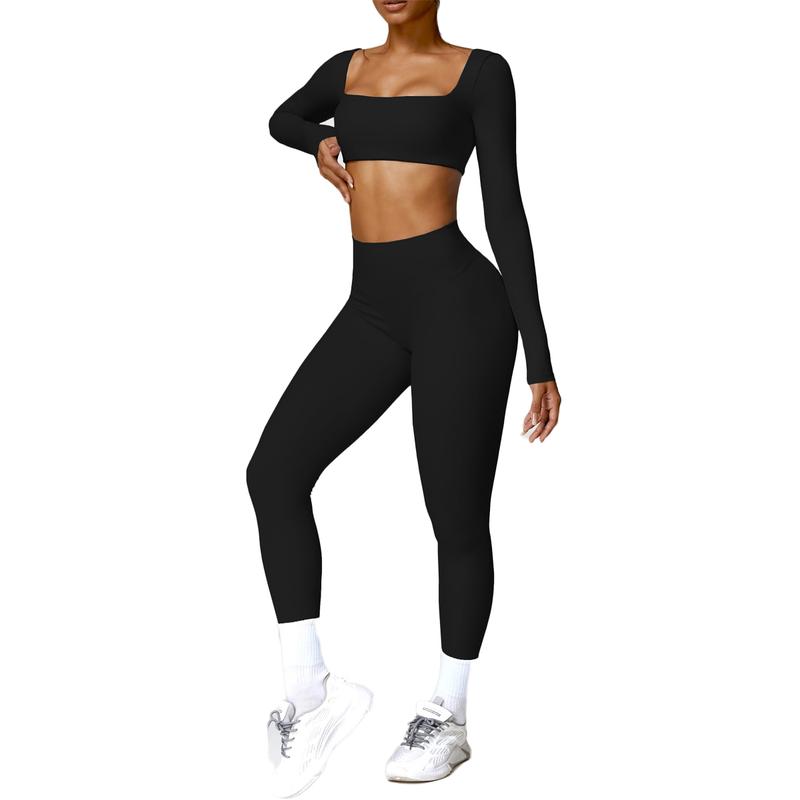 Women's 2 Piece Workout Set - Twist Front Long Sleeve Crop Top and High Waist Flared Leggings