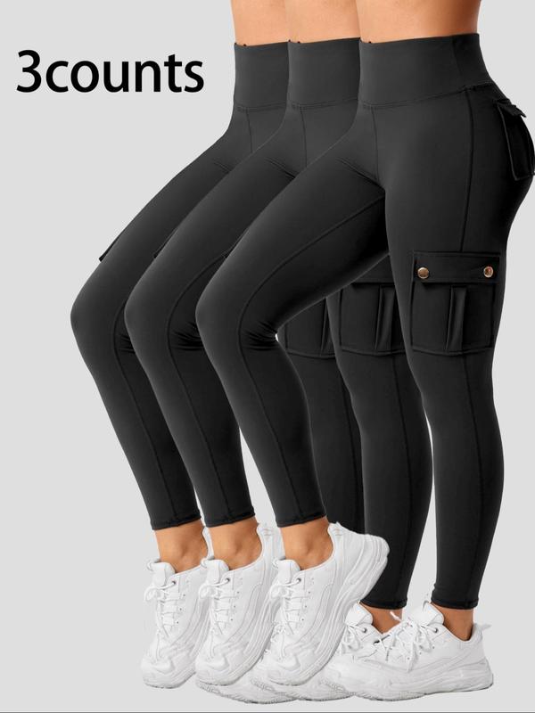 Women's Solid High Waist Pocket Sports Leggings, Casual Comfy Breathable Skinny Pants for Yoga Gym Workout, Ladies Sportswear for All Seasons