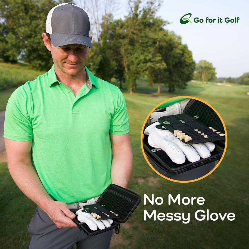 Go For It Golf Glove Case with Glove Shaper for a Wrinkle Free Glove - Golf Case with Magnetic Glove Holder - Organizer for Golf Divot Tool and Golf Accessories for Men & Women - Key Holder (Black)