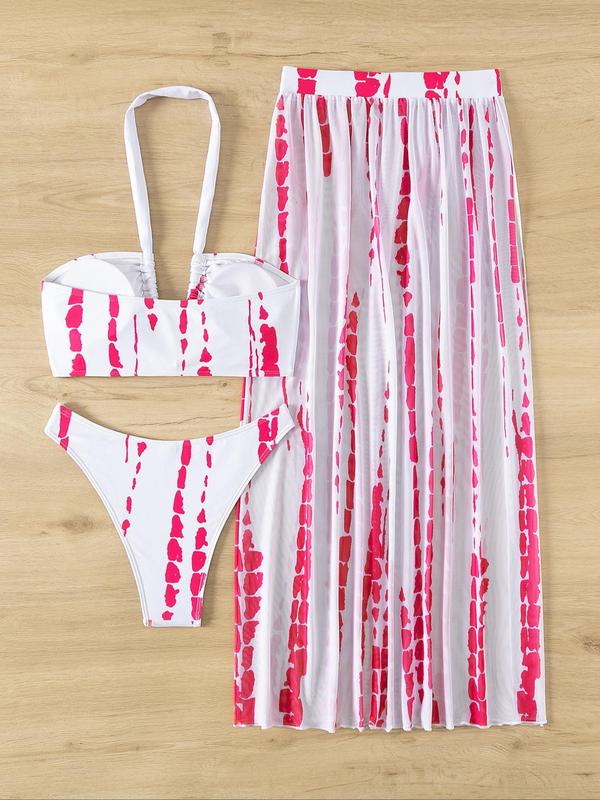 Three-piece Set Women's Tie Dye Print Criss Cross Padded Halter Bra & Split Thigh Skirt & High Cut Panty Swimwear Set, Boho Cut Out Sleeveless Top & High Waist Long Skirt & Panty Summer Swimwear Set, Bathing Suits Women, Minimalistic Outfit