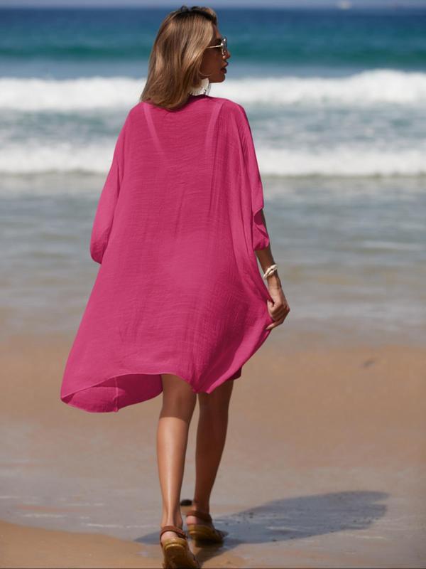 Women's Plain Crochet Hollow Out Batwing Sleeve Cover Up, Beach Outfits, Summer Outfits, Casual V Neck Half Sleeve Cover Up for Beach Vacation, Swimsuit Cover Ups for Women, Women's Clothing, Ladies Summer Clothes