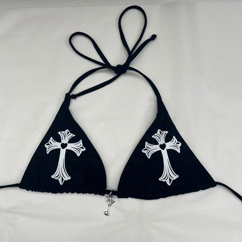 Black Gothic White Cross Heart String Bikini with Padding