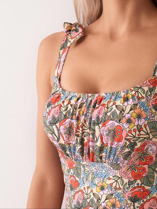 Women's All Over Floral Print Backless One-piece Swimsuit, Casual Tie Shoulder Sleeveless Swimwear for Beach Holiday Vacation, Ladies Swimsuit for All Seasons