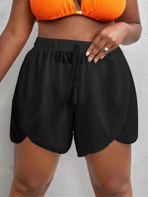 Plus Size Plain Tassel Tie Front Elastic High Waist Shorts, Casual Swim Shorts for Summer, Women's Swimwear Bottoms for Beach Vacation Holiday