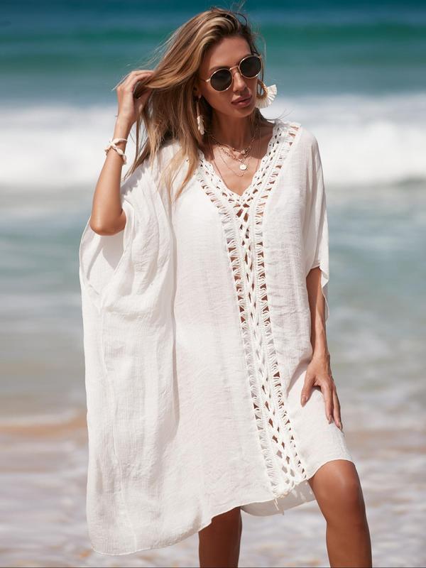 Women's Plain Crochet Hollow Out Batwing Sleeve Cover Up, Beach Outfits, Summer Outfits, Casual V Neck Half Sleeve Cover Up for Beach Vacation, Swimsuit Cover Ups for Women, Women's Clothing, Ladies Summer Clothes