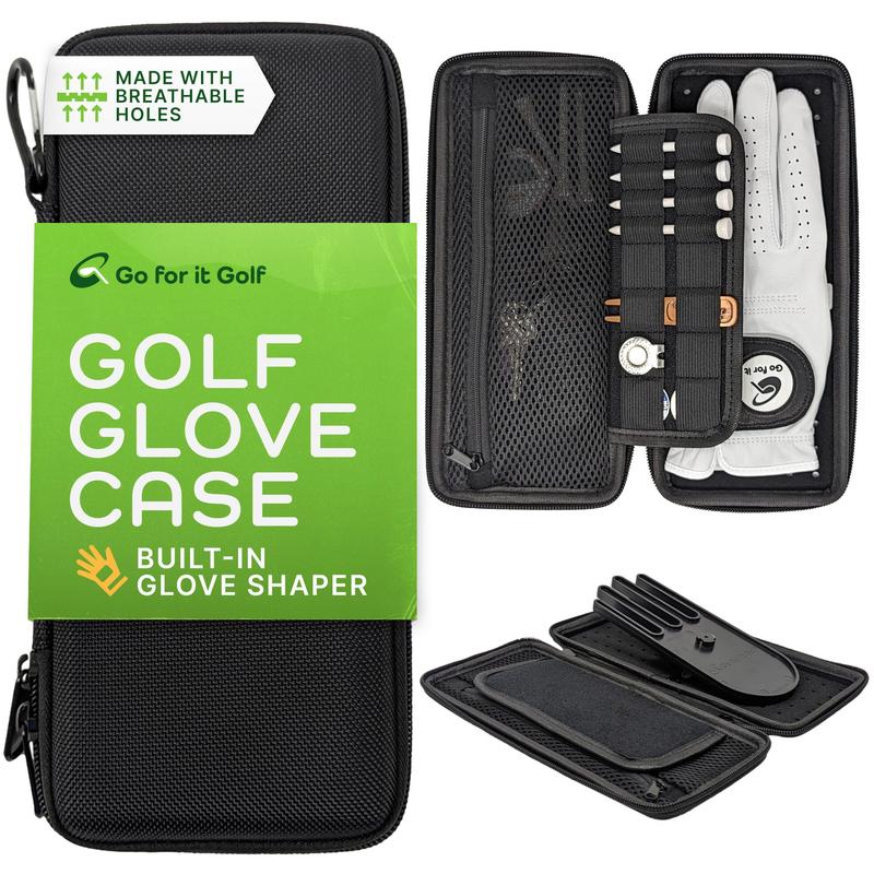 Go For It Golf Glove Case with Glove Shaper for a Wrinkle Free Glove - Golf Case with Magnetic Glove Holder - Organizer for Golf Divot Tool and Golf Accessories for Men & Women - Key Holder (Black)