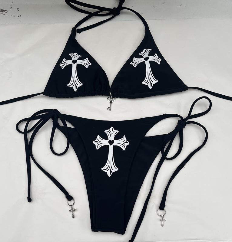 Black Gothic White Cross Heart String Bikini with Padding