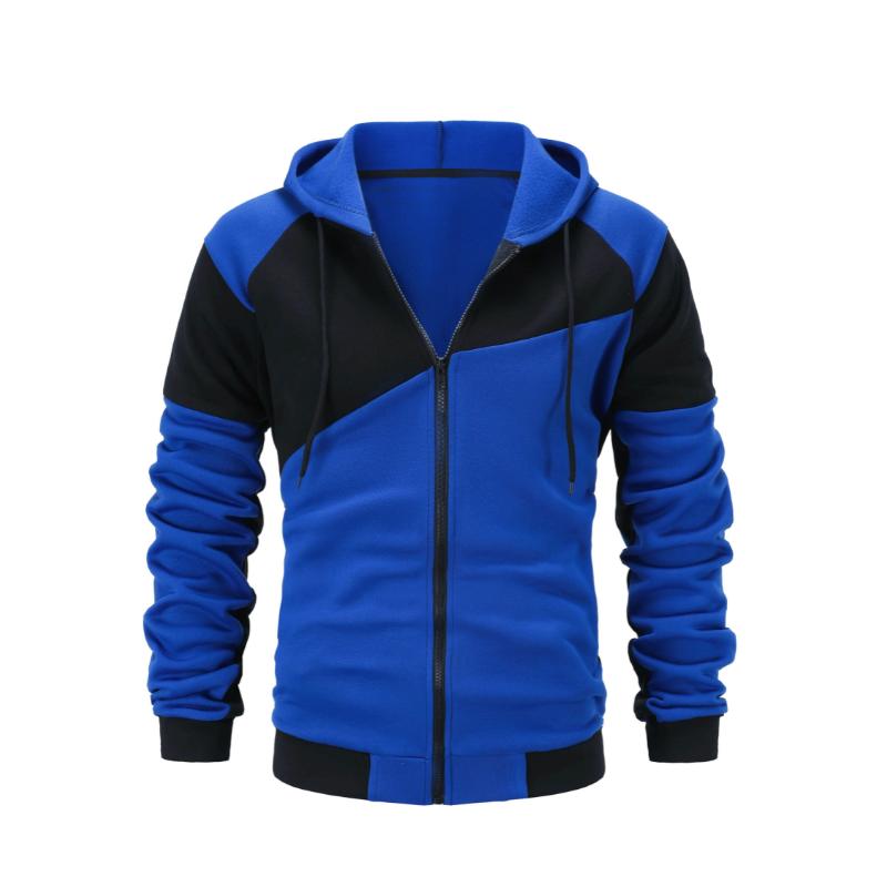 2-piece Men's Fall Winter Sports Outfit Set, Men's Color Block Long Sleeve Hooded Zip Up Sports Jacket & Solid Drawstring Joggers Set