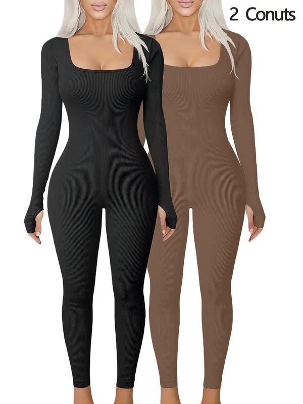 Women's Solid Long Sleeve Square Neck Sports Jumpsuit, Casual Comfy Bodycon Jumpsuit for Yoga Gym Workout, Jumpsuit for Women, Ladies Sportswear for All Seasons Compression Garment