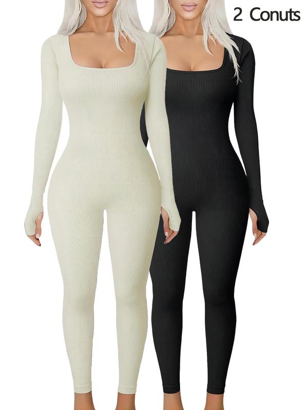 Women's Solid Long Sleeve Square Neck Sports Jumpsuit, Casual Comfy Bodycon Jumpsuit for Yoga Gym Workout, Jumpsuit for Women, Ladies Sportswear for All Seasons Compression Garment